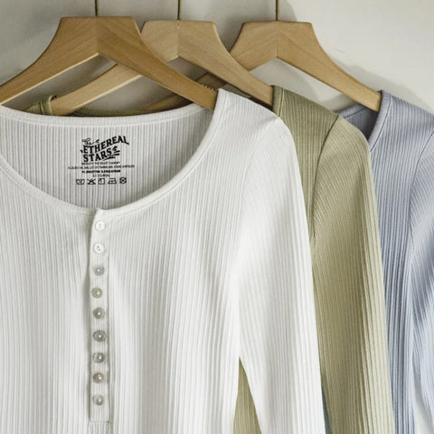 MADEN Women’s Ribbed Henley Top – Slim Fit Long-Sleeve Layering Tee