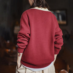 MADEN Retro Burgunderfarbener Color-Block V-Ausschnitt Pullover