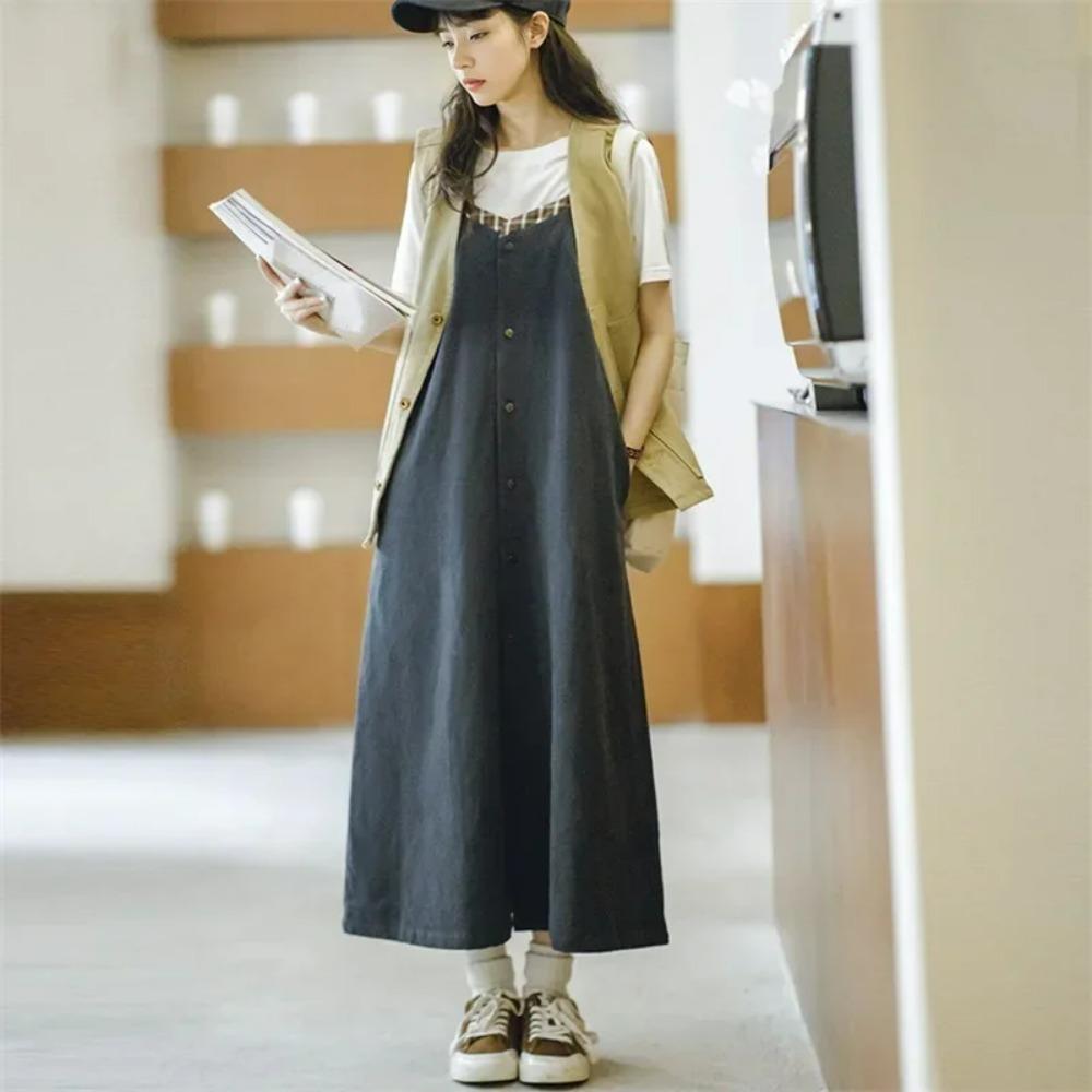 MADEN Vintage Plaid A-Line Midi Dress