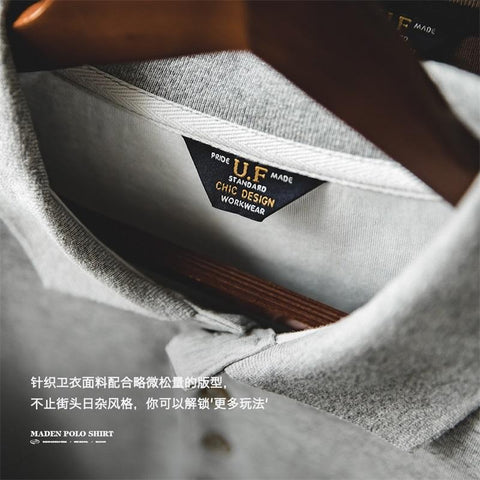 MADEN Retro Long Sleeve Polo – Classic Solid Color Tee