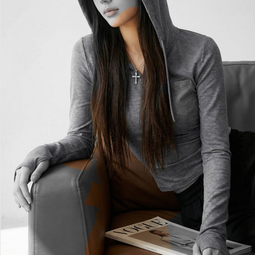 MADEN Grey V-Neck Half-Zip Hooded Sweatshirt