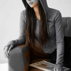 MADEN Grey V-Neck Half-Zip Hooded Sweatshirt