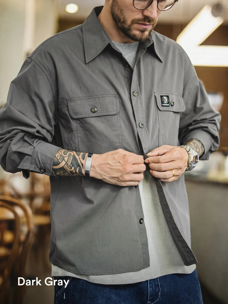 MADEN Vintage Workwear Cotton Long-Sleeve Casual Shirt