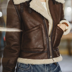 MADEN Women's Suede Shearling-Lined Bomber Jacket