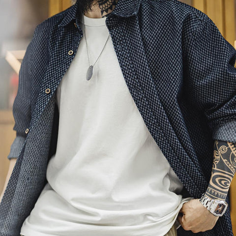 MADEN Herrenhemd mit Schachbrettmuster, lässig, Retro, langärmlig 