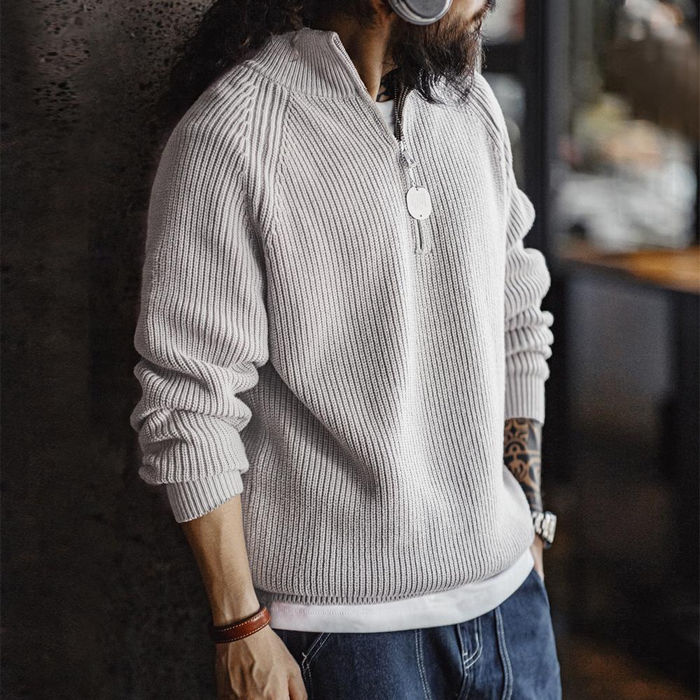 MADEN Herren Schwergewicht Baumwoll Halb-Zip Strickpullover