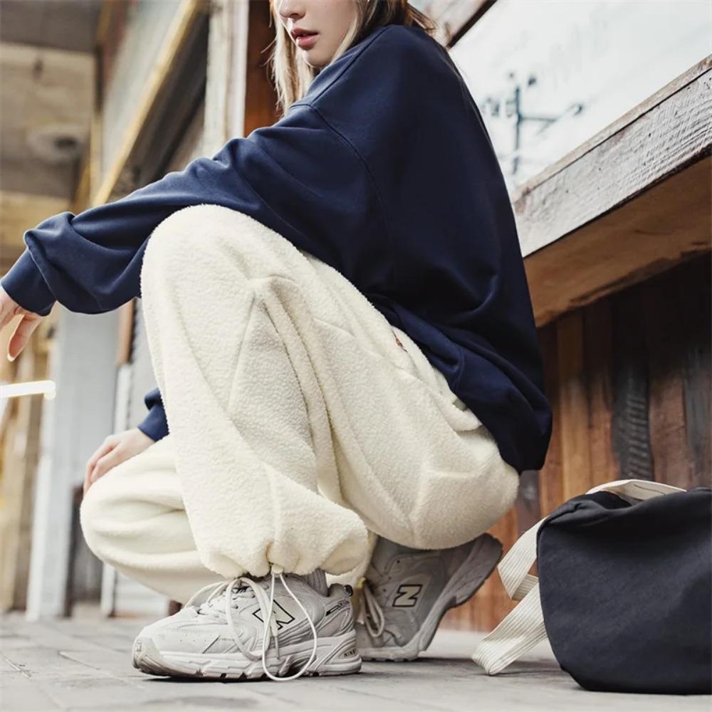 MADEN Damen Herbst/Winter Freizeithose mit Plüschfutter und Fleece-Einlage, Strickhose mit geradem Bein 
