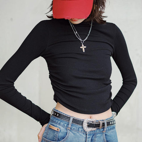 MADEN Modal-Halbrollkragenpullover mit Raffungen, schmaler Passform, einfarbig, langärmelig, vielseitiges Damen-Pullover-Shirt für den Herbst 