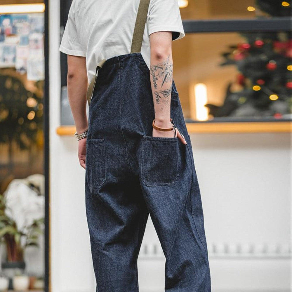 MADEN Herren Schwergewicht Baumwoll Cargo Denim Latzhose