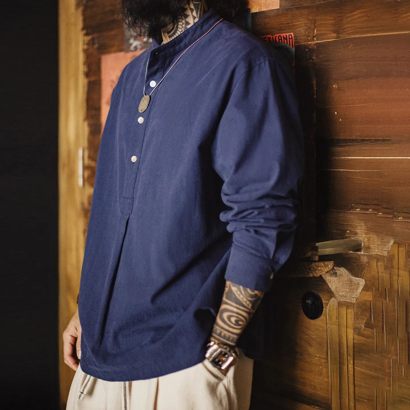 MADEN Navy Popover Shirt Cotton 100%