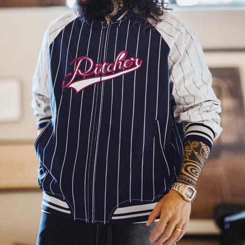 MADEN Retro Striped Baseball Jacket  Men's Casual Coat Embroidered Letters & Patches Color Block Design American Retro Style Varsity Jacket
