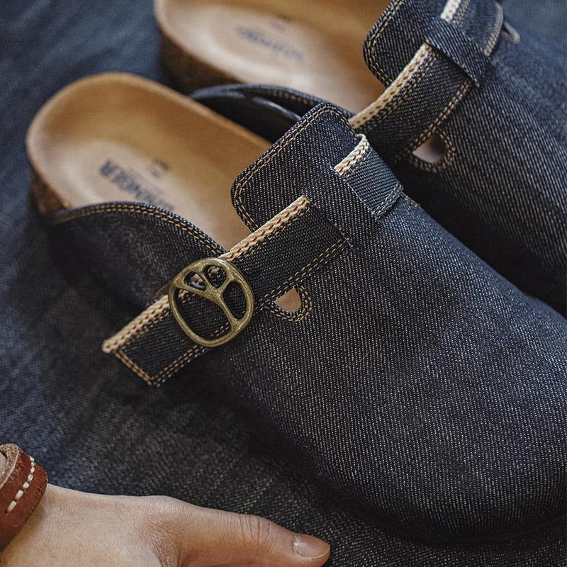 MADEN Denim Mule Sandals – Retro Cork Slip-On Outdoor Shoes