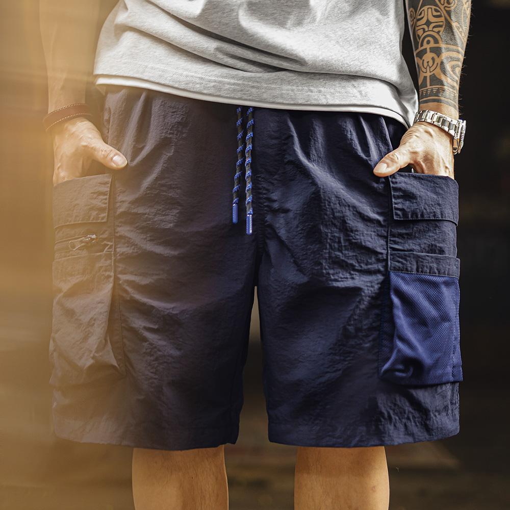 MADEN Techwear Cargo-Shorts für Herren, schnelltrocknend, Oversize, viele Taschen, Kordelzug, Outdoor-Funktion, Marineblau 