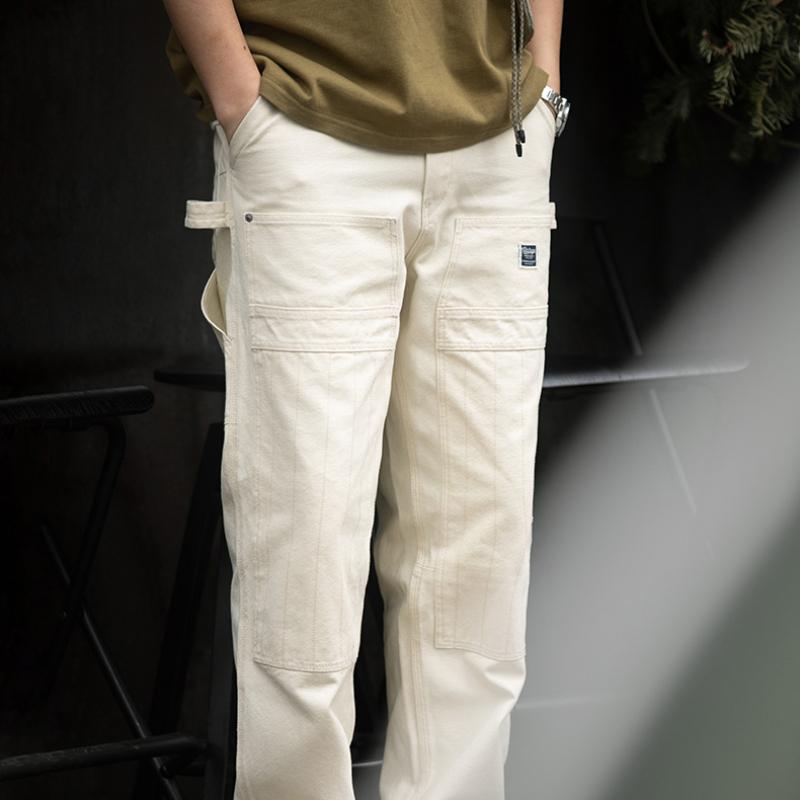 Pantalones Cargo para Hombre MADEN Vintage Blanco Lavado Recto con Múltiples Bolsillos Pantalón de Carpintero de Calle