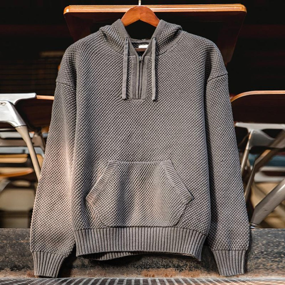 Sudadera de punto con media cremallera para hombre MADEN – Suéter grueso y casual con capucha y diseño de piña