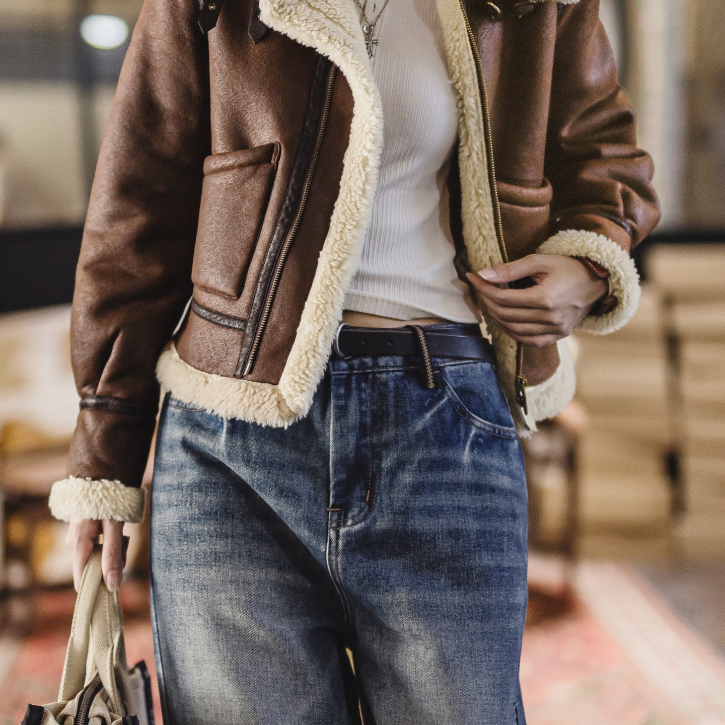 MADEN Women's Suede Shearling-Lined Bomber Jacket