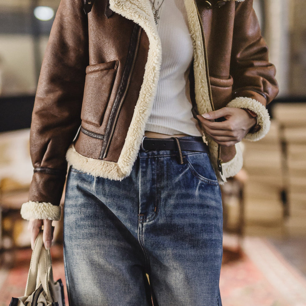 MADEN Women's Suede Shearling-Lined Bomber Jacket