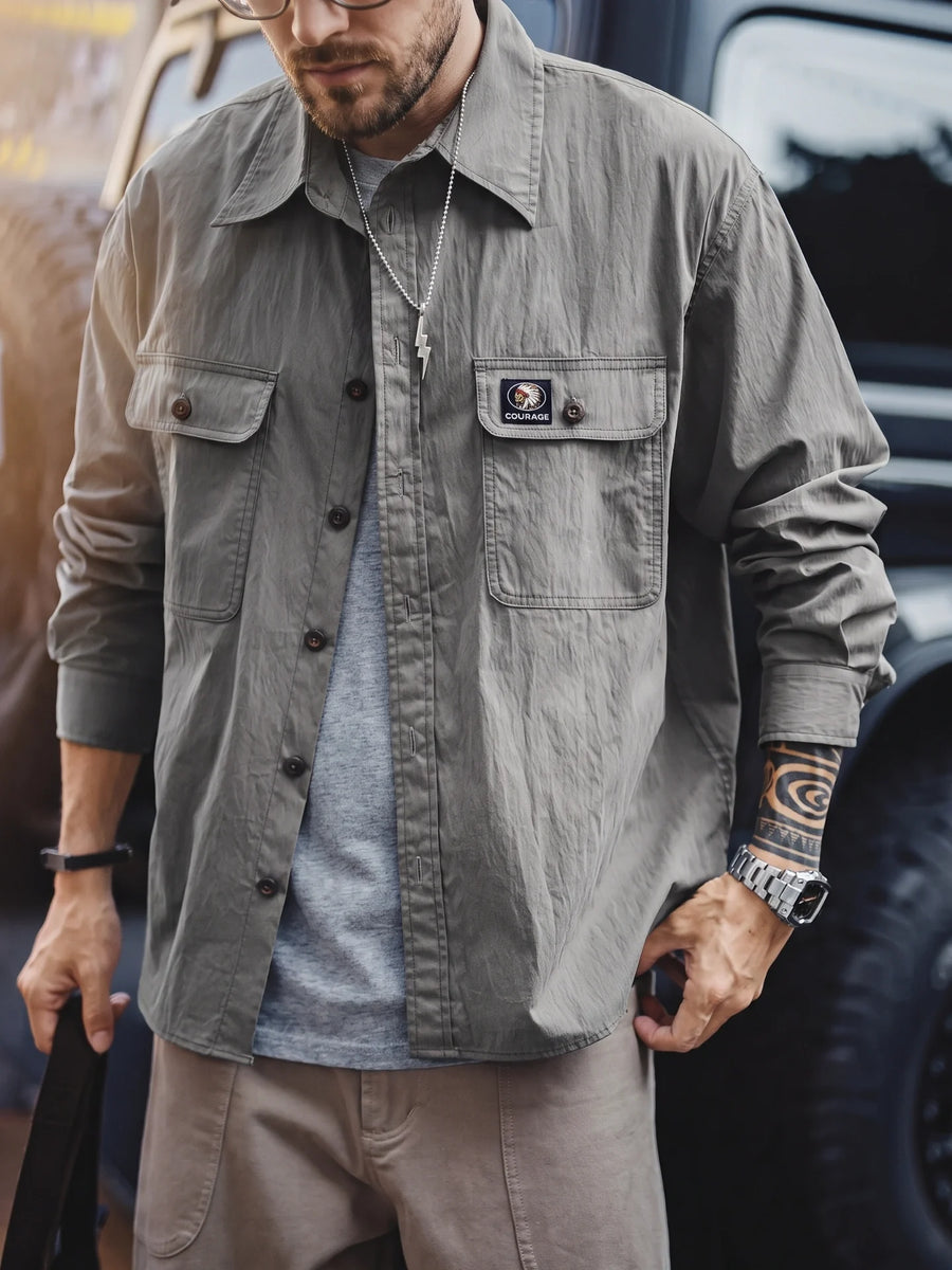 MADEN Vintage Workwear Cotton Long-Sleeve Casual Shirt