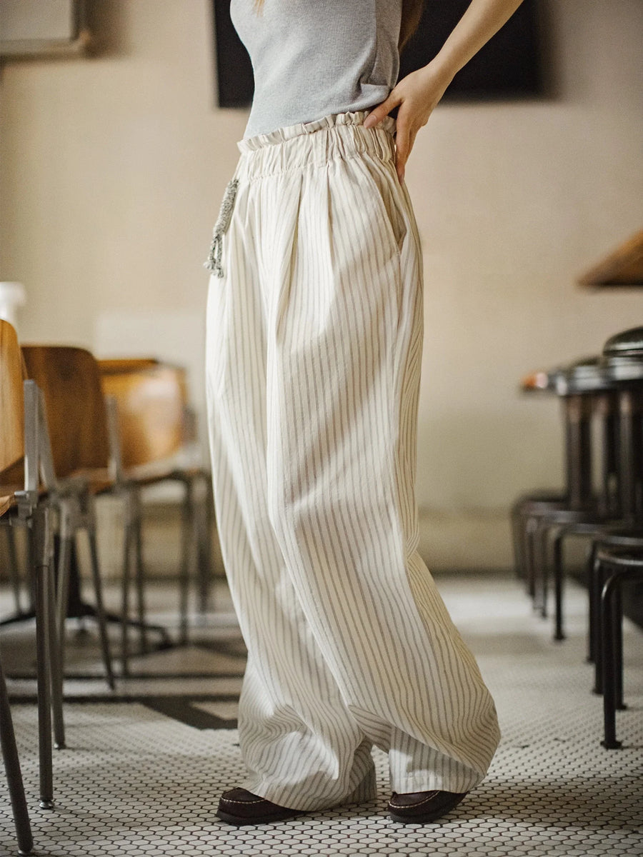 MADEN Women's Linen-Feel Striped Wide-Leg Pants
