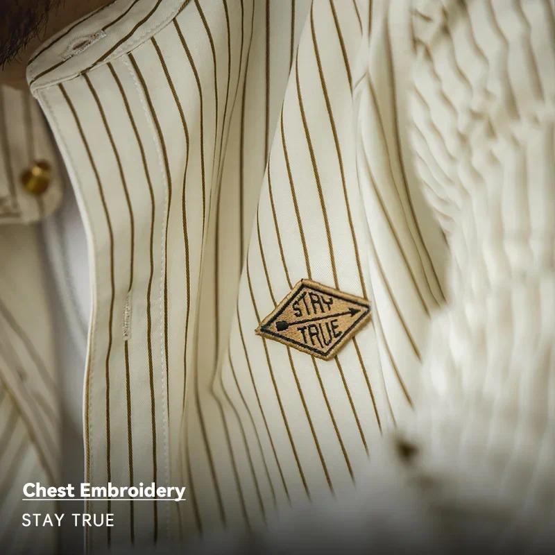 마덴 줄무늬 긴팔 셔츠 스탠드 칼라 – 면 100%