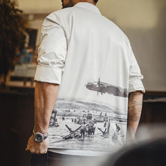 MADEN Men's  Camp Collar Shirt Retro Print Long Sleeve Loose Fit Overshirt for Summer & Fall Casual Versatile White