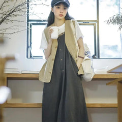 MADEN 빈티지 체크 A라인 미디 드레스