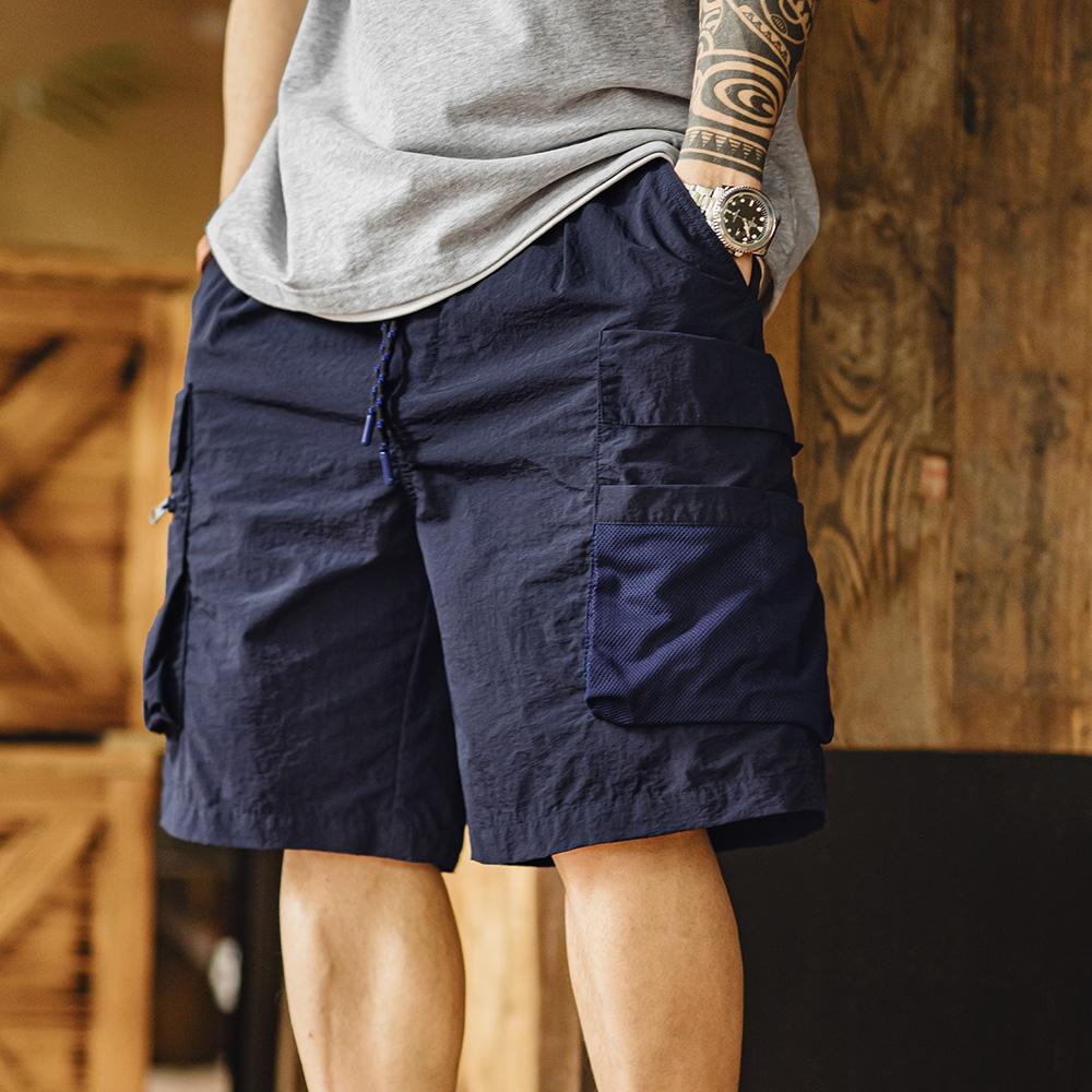 MADEN Techwear Cargo-Shorts für Herren, schnelltrocknend, Oversize, viele Taschen, Kordelzug, Outdoor-Funktion, Marineblau 