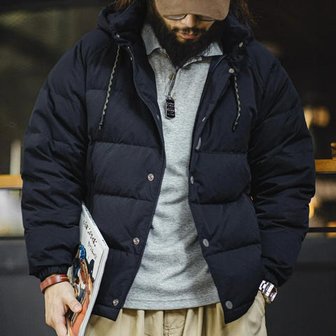 マデン キルティング 羽毛入り上着 90％白鴨羽毛 厚手 フード付き 中綿入り 男性用 高密度生地 暖かい冬用アウター