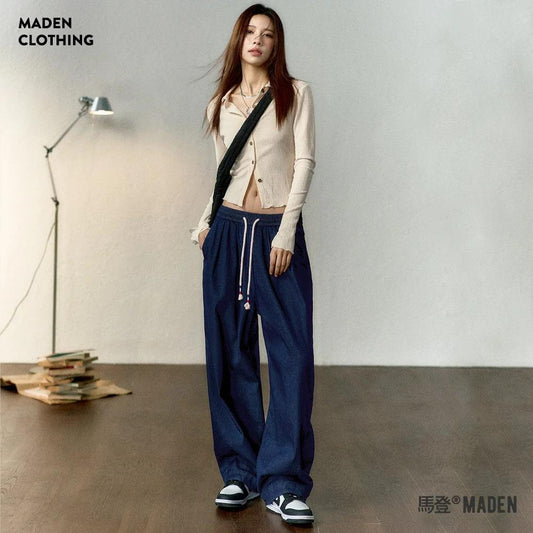 MADEN Jeans mit weitem Bein, Leinenanteil und Quastengürtel