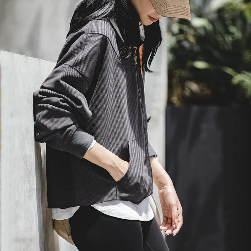 MADEN Damen-Kapuzenjacken mit Reißverschluss, Waffelrippbündchen, lässige Jacken, Harajuku-Sweatshirts, Mäntel mit halbhohem Stehkragen, Streetwear 
