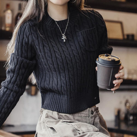 MADEN 女性用ナツメ赤色厚手短丈編み込みクリスマス用秋冬丸首下着プルオーバーセーター