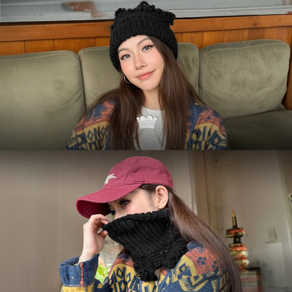 MADEN レディース 編み物 2通り使えるマフラーと首あて 厚手で暖かい冬用 黒色 快適な編み物の冬用マフラー レディース用