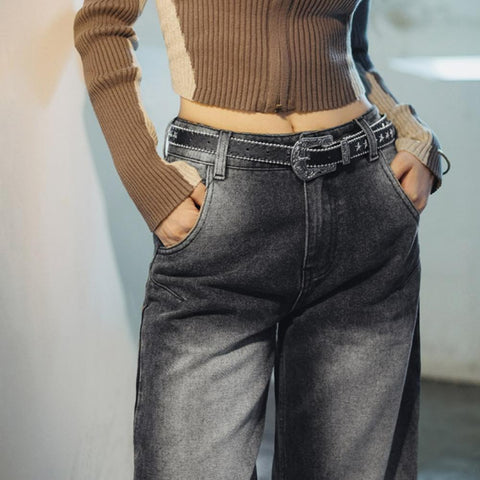 MADEN 3D-Cut Black Jeans for Women Mid-waist Straight Pants Spring and Fall Season Casual Trousers Streetwear Jeans