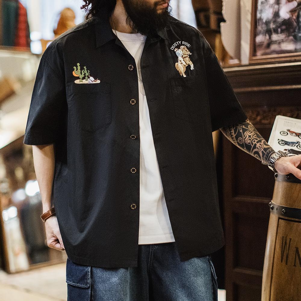MADEN Cuban Collar Embroidered Short Sleeve Shirt