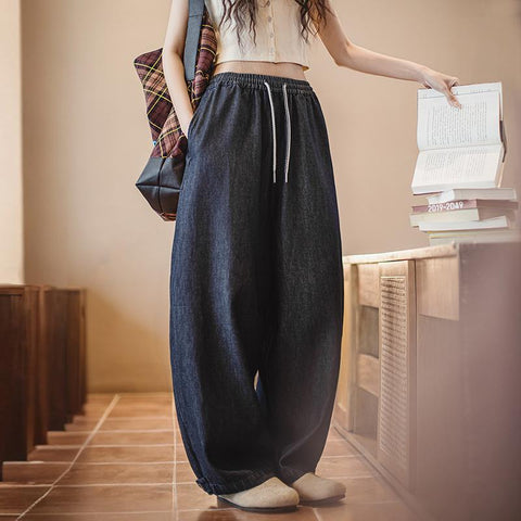 MADEN Retro Ice Silk Jeans Women | Relaxed Tapered Leg Soft Stretch Waist Drawstring Cool-Touch 240GSM Denim Pants