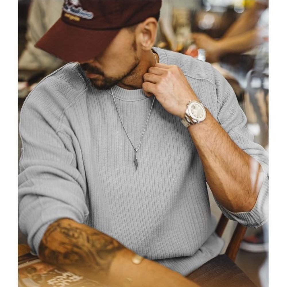 Suéter de punto para hombre MADEN gris casual, suéter de algodón acanalado estilo dinero antiguo, manga larga, ropa de punto cómoda, ajuste holgado, minimalista