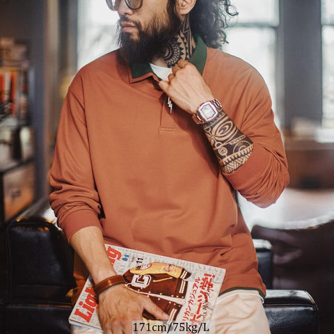 Polo homme MADEN style rétro navajo orange en maille à manches longues, broderie, tenue décontractée printemps-automne, col double épaisseur, extérieur 