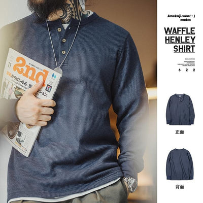 MADEN Waffle Knitted Henley Shirt – Slim Fit Long Sleeve T-shirt