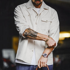 MADEN Retro Print Baumwoll-Overshirt mit kubanischem Kragen
