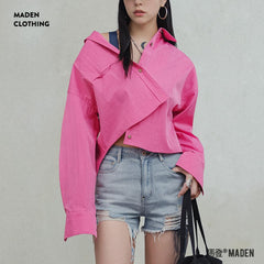 MADEN Damen Vintage Rosa Oversize Hemd