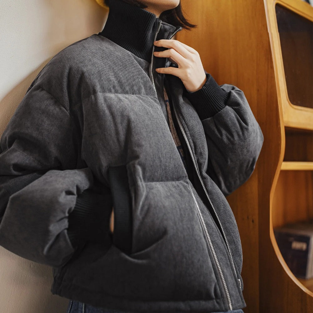 MADEN Women Corduroy Down Jacket 90% Duck Down Warm Short Puffer Coat Knit Stand Collar Drawstring Hem Winter Thick Outerwear