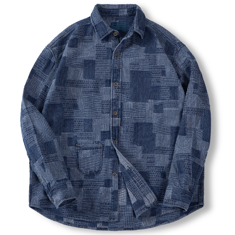MADEN Boro Denimhemd mit Jacquard-Patchwork