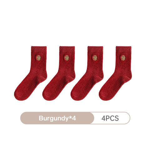 마덴 여성용 부드러운 중장목 양말 겨울용 두툼하고 따뜻한 포근한 뜨개질 양말 자수 곰 무늬 새해 선물