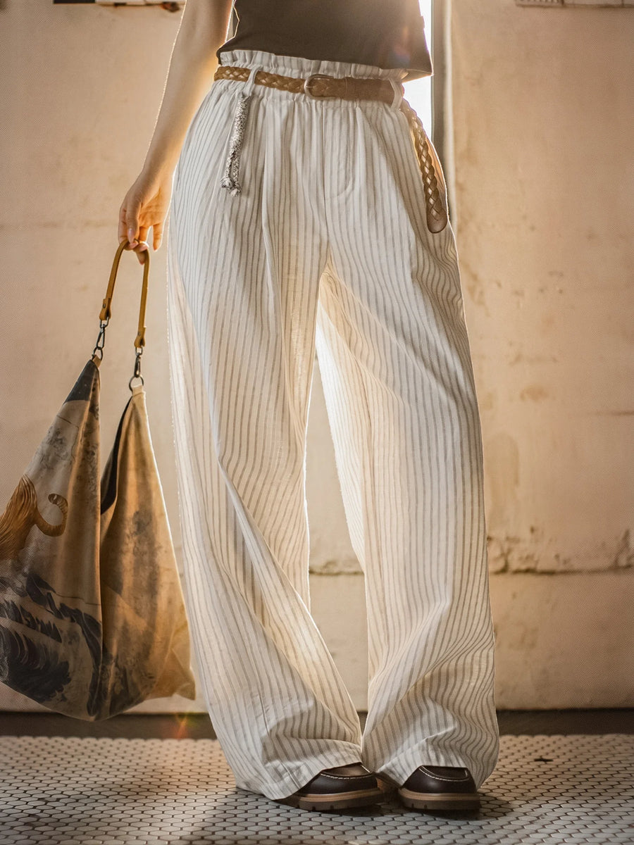 MADEN Women's Linen-Feel Striped Wide-Leg Pants