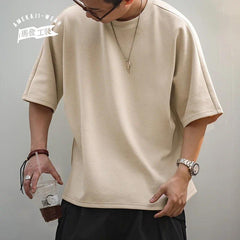 MADEN Solid Air Cotton Men's T-shirts Summer Loose Heavyweight Non-iron Retro Breathable Short-sleeved Tee Trendy