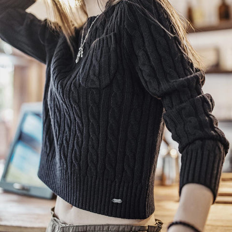 MADEN 女性用ナツメ赤色厚手短丈編み込みクリスマス用秋冬丸首下着プルオーバーセーター