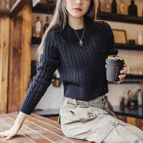 MADEN Jujube Roter Damenpullover, dicker, kurzer Strickpullover, Weihnachtspullover, Herbst- und Winterpullover mit Rundhalsausschnitt 