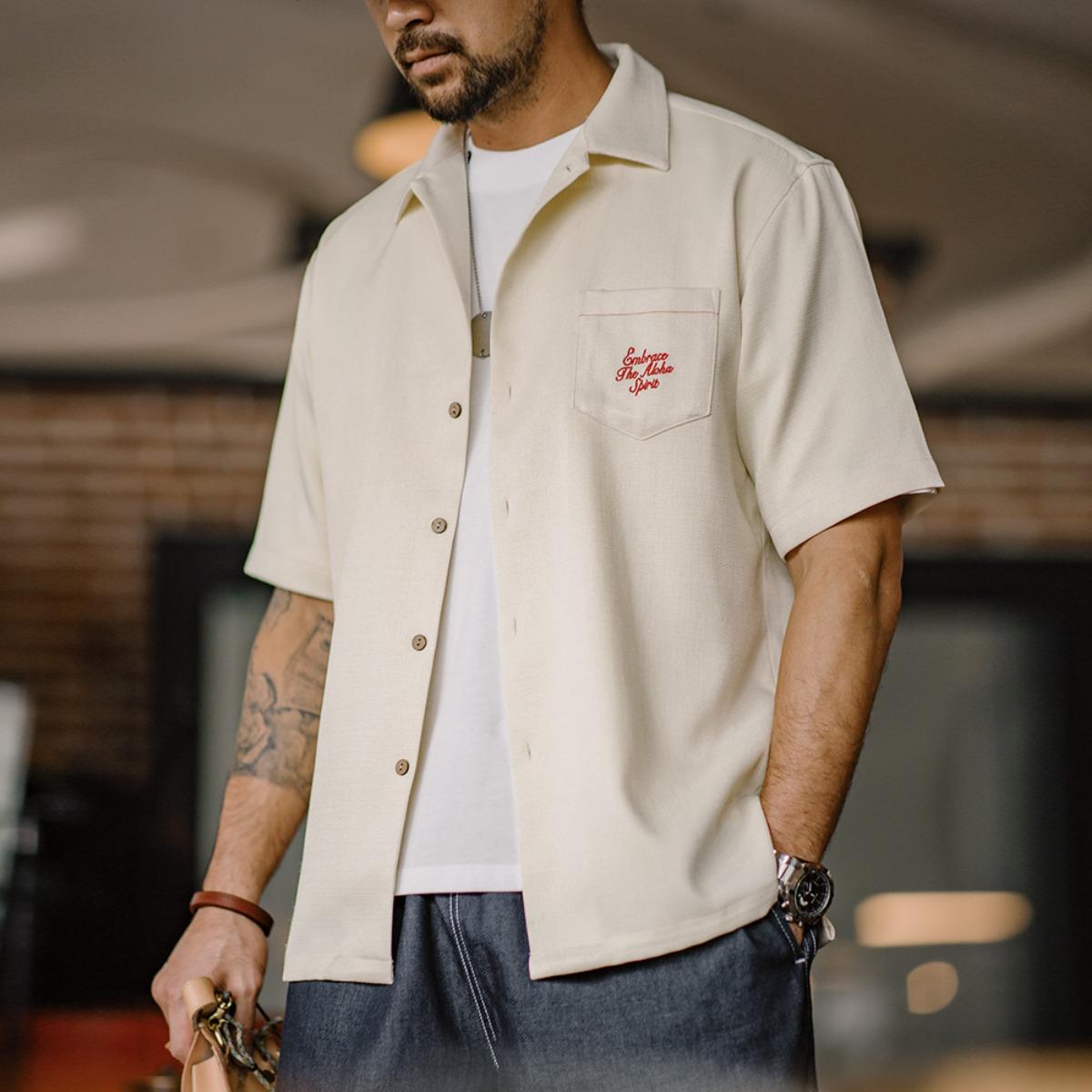 MADEN Retro Hawaiian Embroidery Cuban Collar Shirt