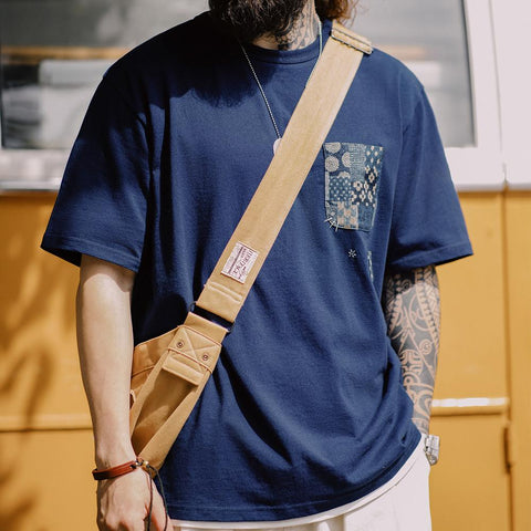 MADEN Casual T-shirt Men Vintage Indigo Plant-Based Blue Dye Cotton 100% Tee Patchwork Pockets Uncle Fu Original Design