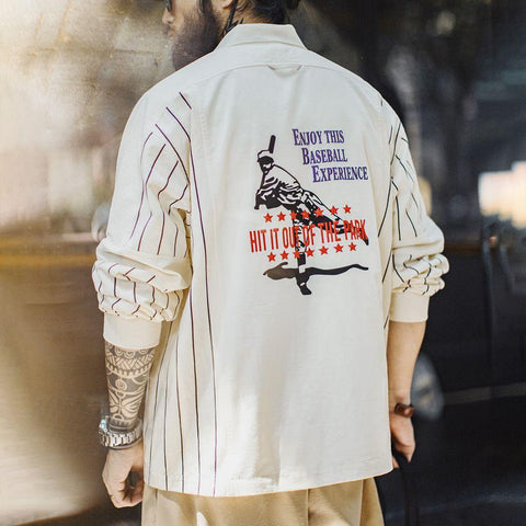 MADEN Baseball Graphic Polo Sweatshirt Preppy Style Long Sleeve Cotton Patchwork Pullover Shirt Casual Cityboy Clean Fit